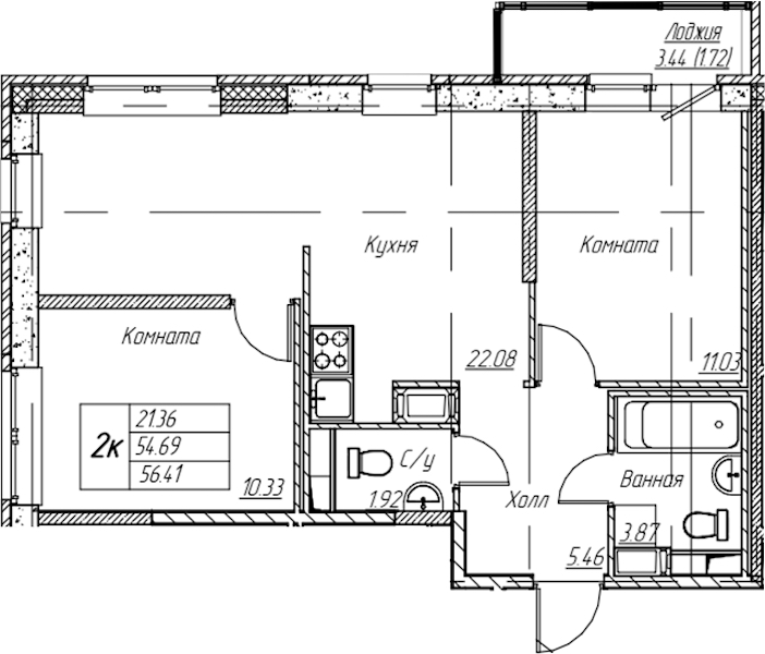2-комнатная квартира 56.41 м², 7/22 эт., ЖК «Парк-квартал Юнтолово»